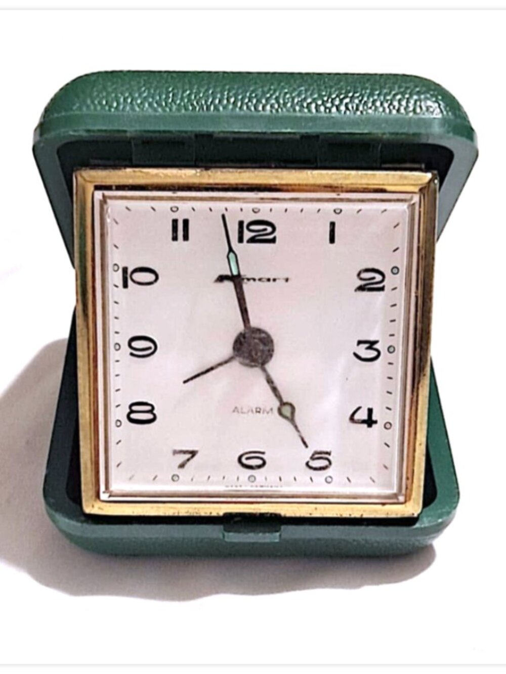 Vintage Kmart Green Folding Travel Alarm Clock West Germany Tested Works 3x3